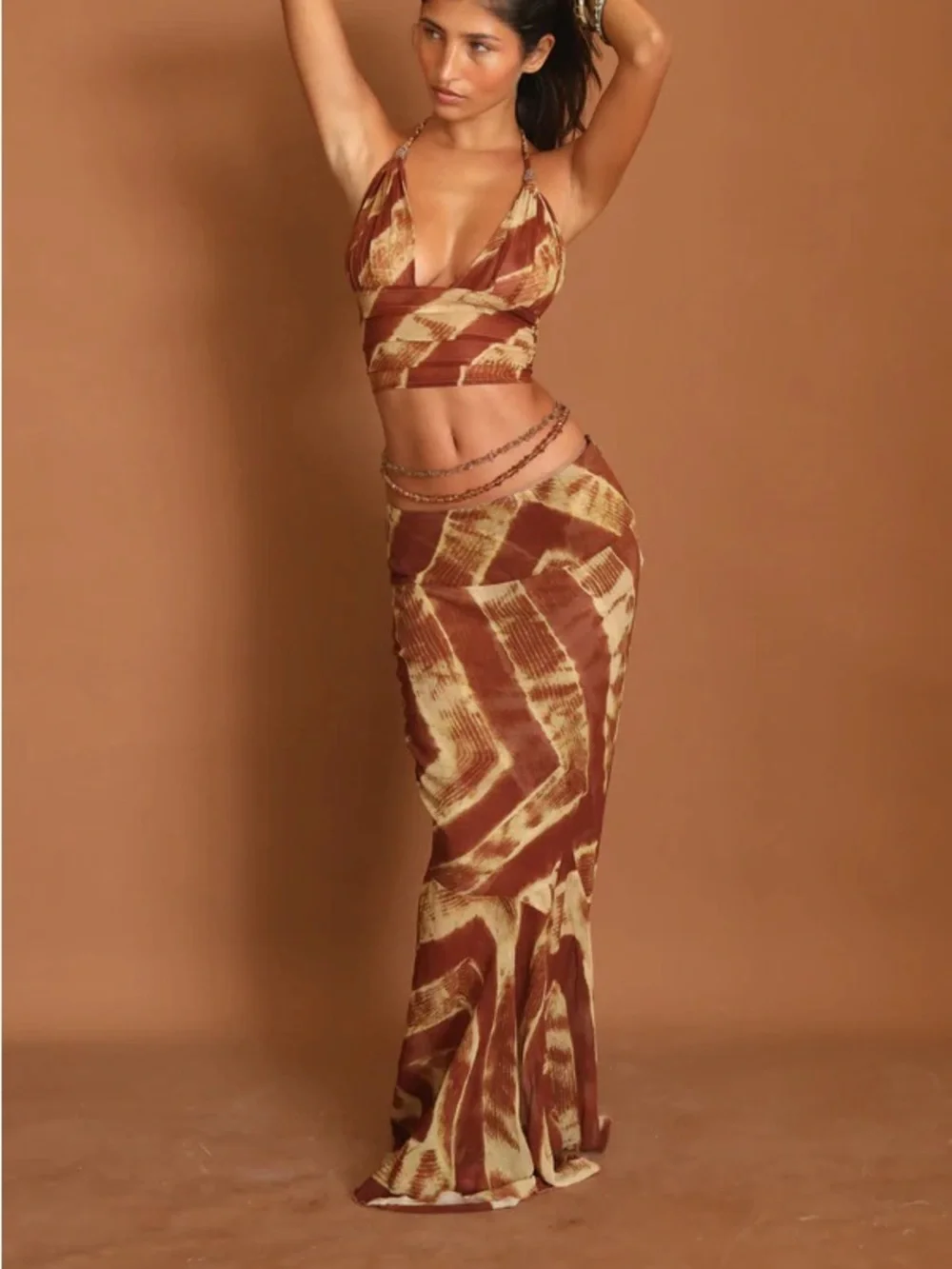 100% Silk Ranaco Atelier Ghana Sirene maxi skirt vacation sheer brown
